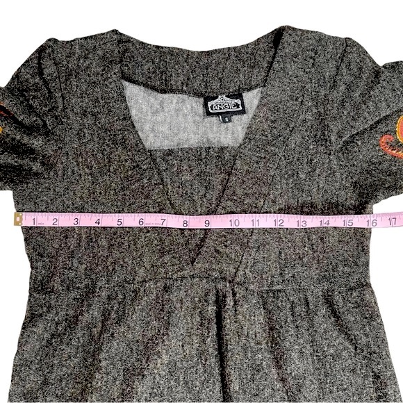 Angie size small red gold dark gray swirls/flames dress long sleeves vneck EUC - Picture 7 of 10